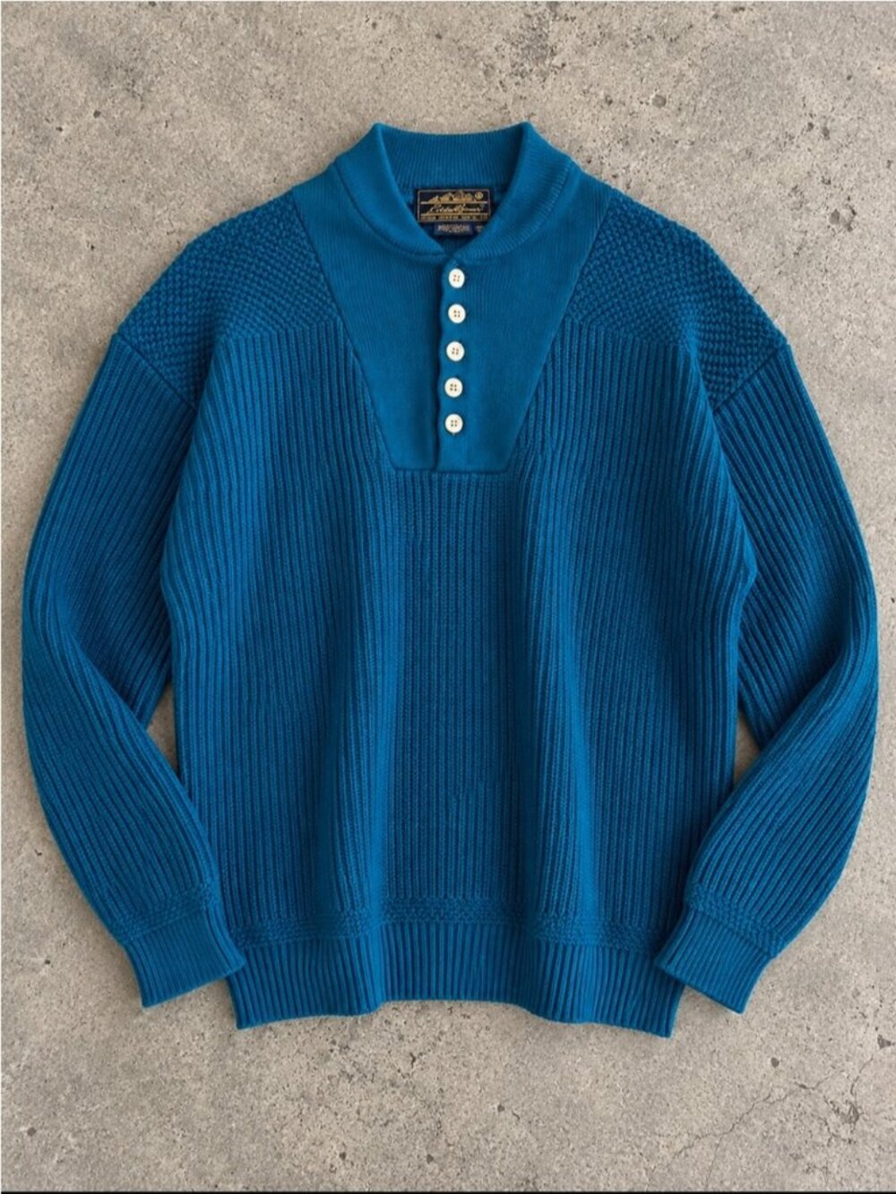Vintage Eddie Bauer Teal Cotton Henley Sweater Tall L 90s Textured Knit